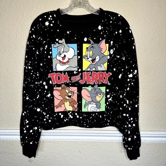 Tom and Jerry Cropped Sweatshirt XL Juniors Black Cotton Blend Graphic Splatter - Picture 1 of 6